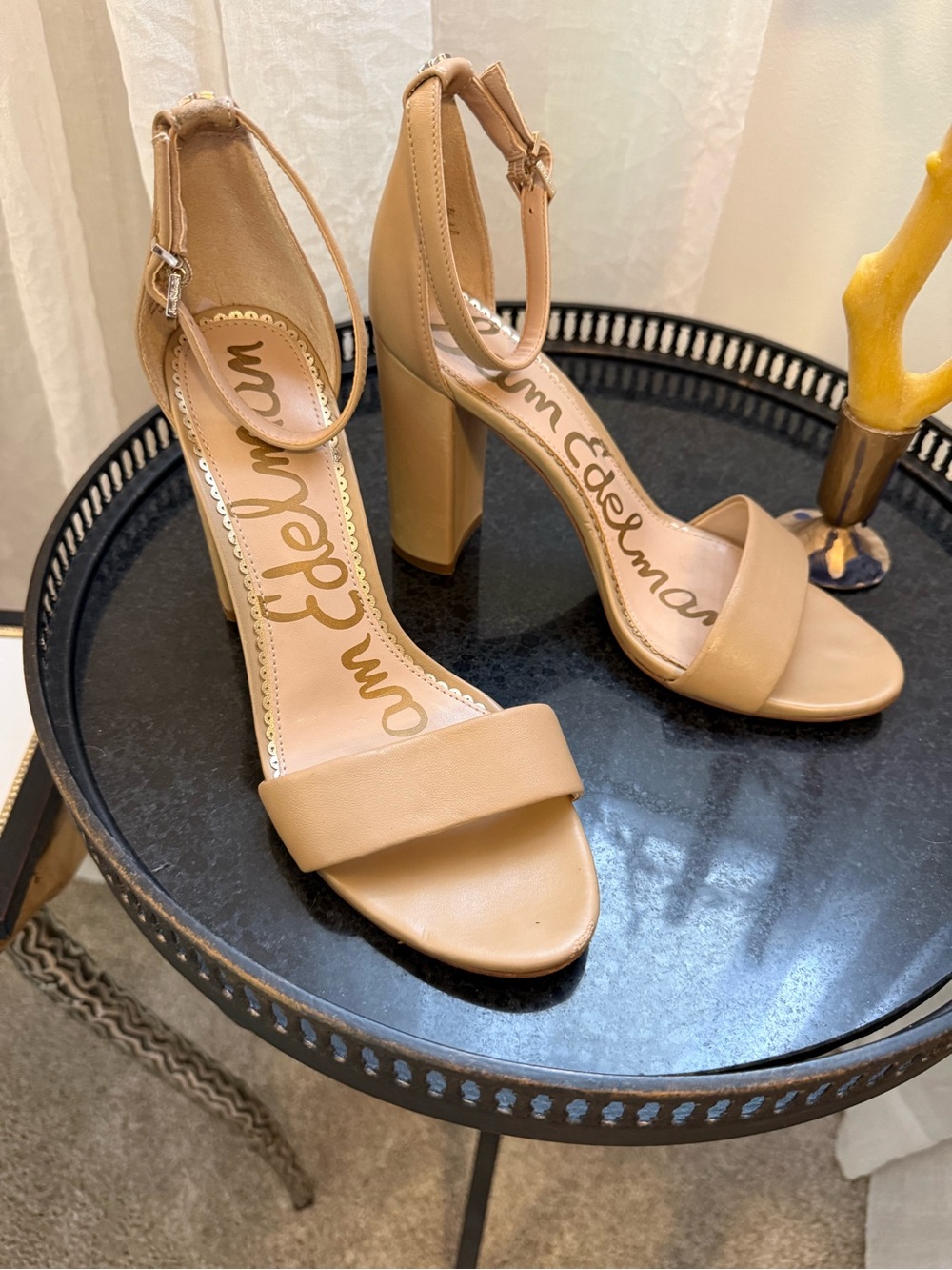 Sam Edelman Nude Leather Block Heel Ankle Strap Sandals Size 8